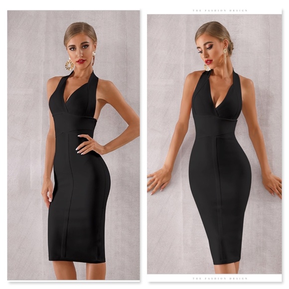 Bandage Halter Top V-Neck Slim Midi Dress Backless - Picture 6 of 12
